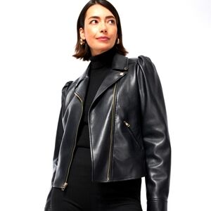 Chico's cropped black faux leather Moto jacket.